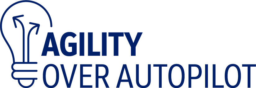 Logo with a light bulb and text "Agility Over Autopilot" in blue.