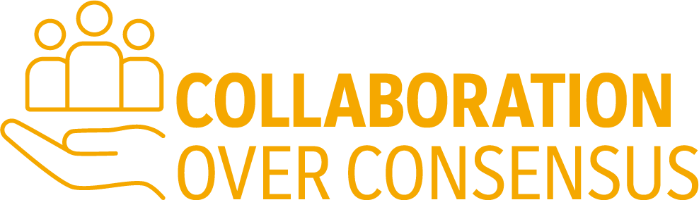 Yellow logo with three figures above a hand and text "Collaboration Over Consensus"