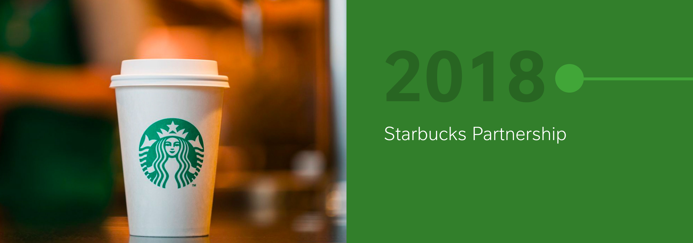 Starbucks coffee cup with green logo next to green panel reading "2018 Starbucks Partnership"
