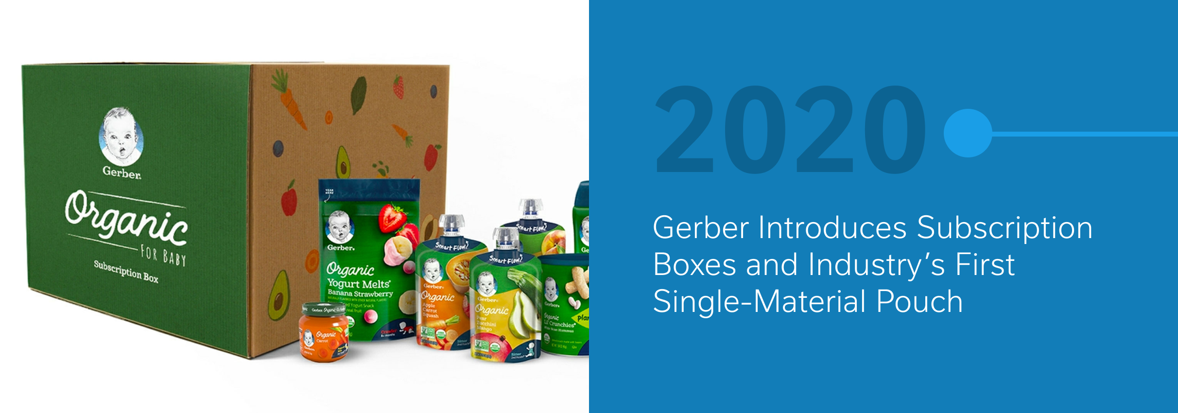 Green subscription box and organic food pouches next to blue 2020 milestone graphic.