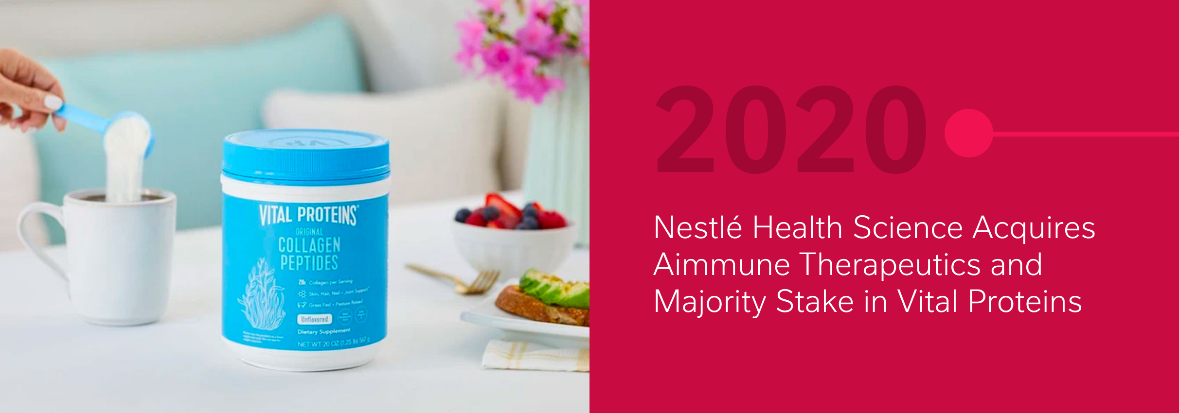 Hand adding powder to mug beside Vital Proteins container, fruit bowl, flowers, and text "2020".