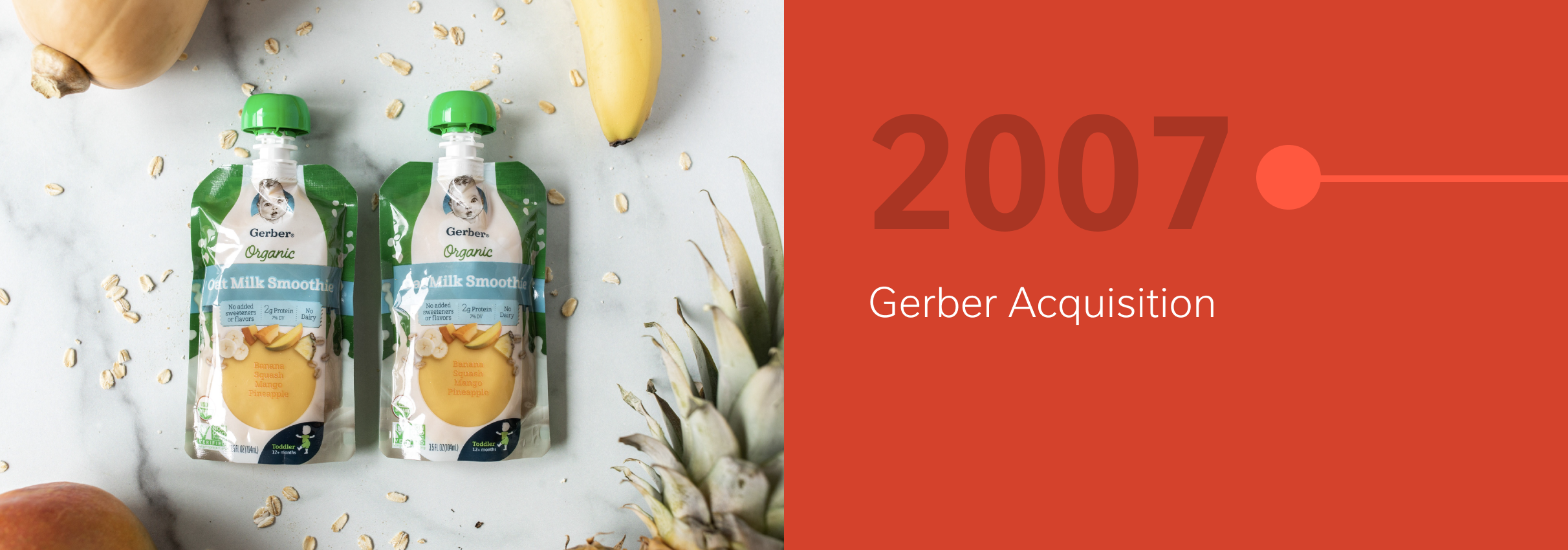 Two fruit puree pouches with fruits and oats, next to a red panel with "2007 Gerber Acquisition."