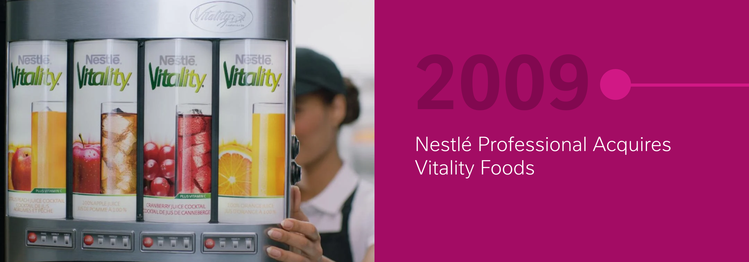 Beverage dispensers with fruit drinks next to a magenta banner reading "2009."