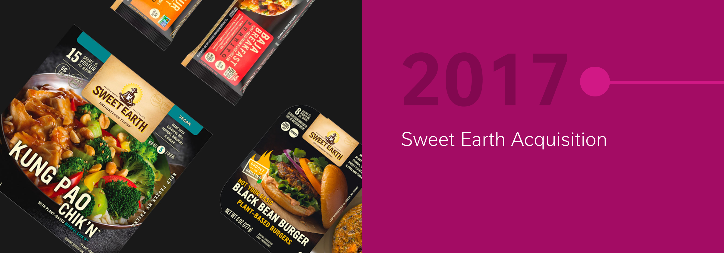 Assorted Sweet Earth frozen food packages next to a magenta section reading "2017 Sweet Earth Acquisition."