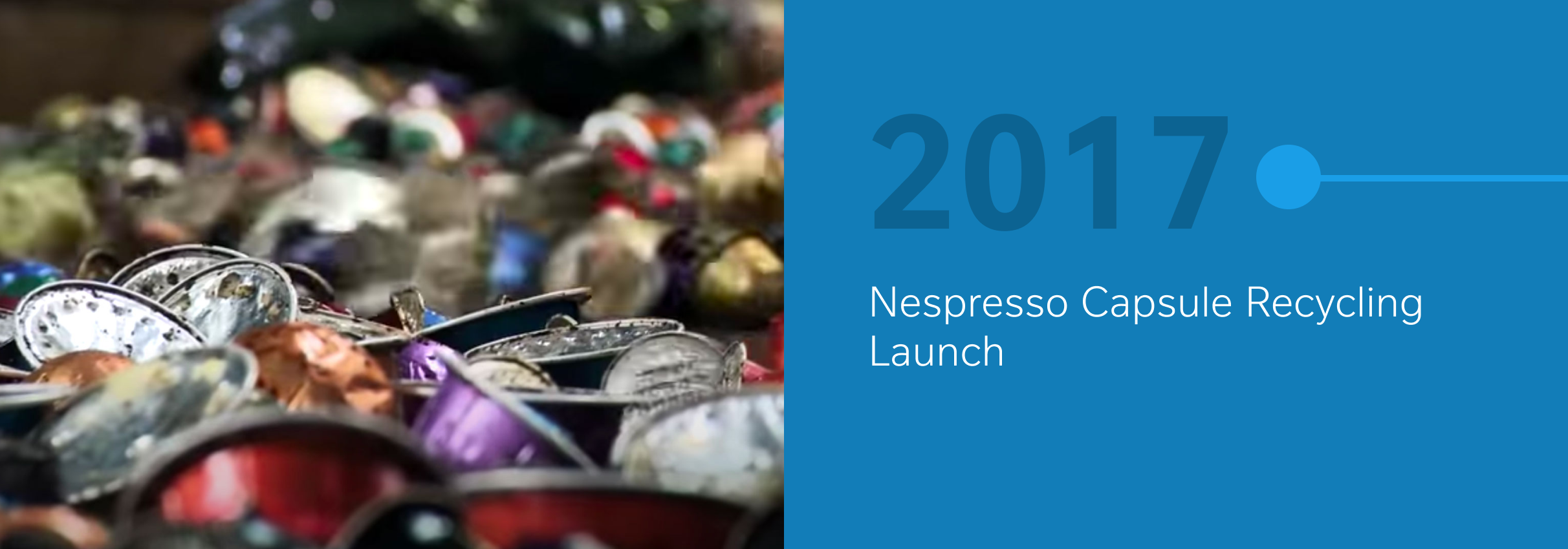 Colorful used coffee capsules beside blue graphic reading "2017 Nespresso Capsule Recycling Launch."
