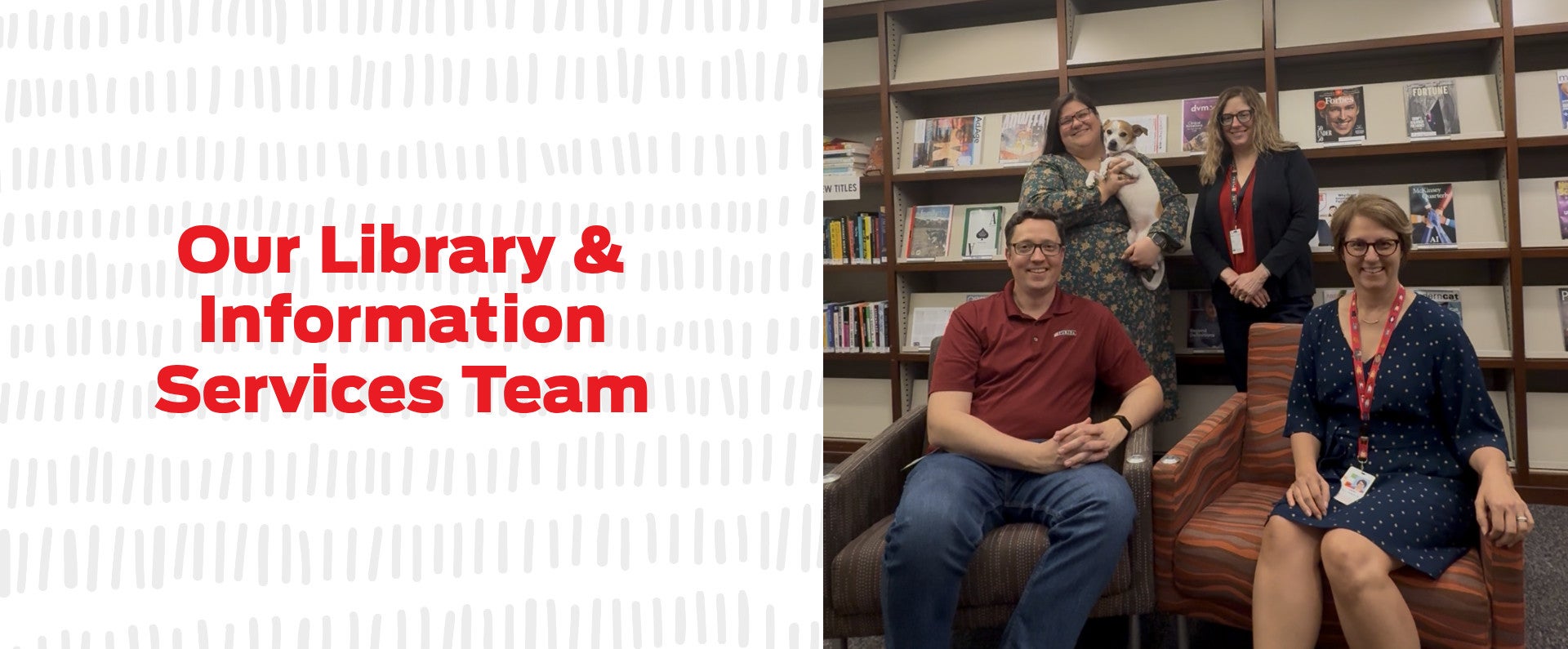 Four smiling team members pose in a library, sitting and standing in front of bookshelves