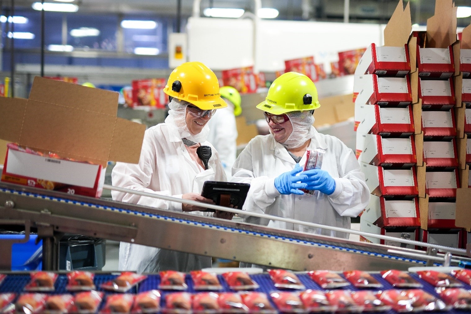 Two workers in safety gear inspect products on a food packaging conveyor line.