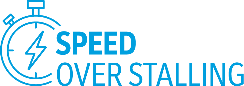 Blue stopwatch logo next to the words "Speed Over Stalling" in bold blue text.