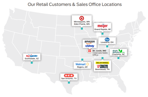 Map of the US showing retail customers and sales office locations in cities