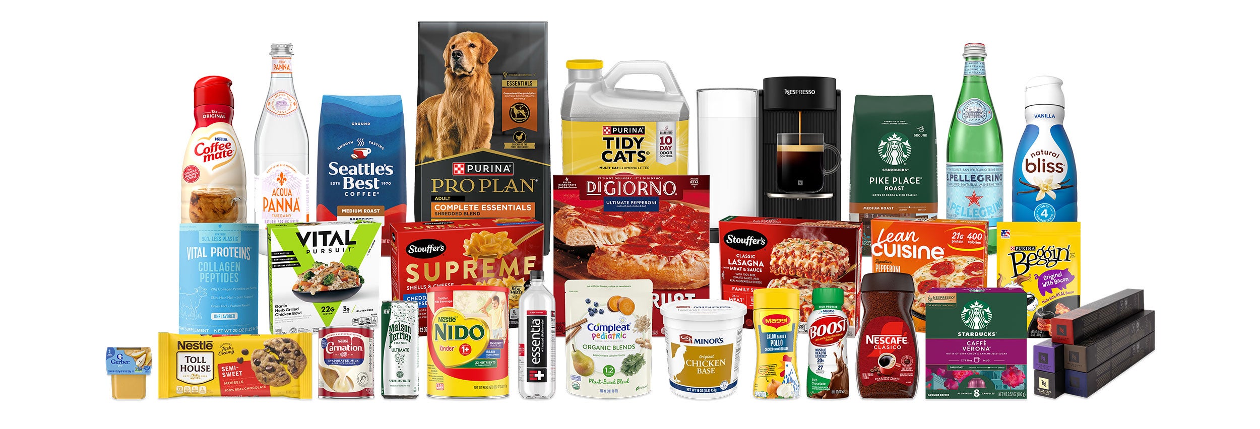 Assorted Nestlé food, beverage, pet, and household products arranged in rows.