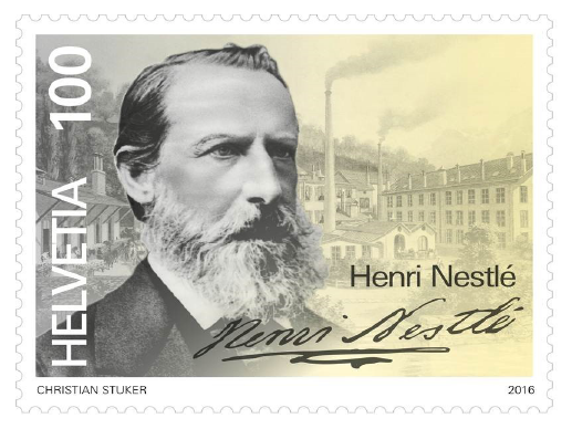 Henri Nestlé portrait on a Swiss stamp with factory buildings in the background.