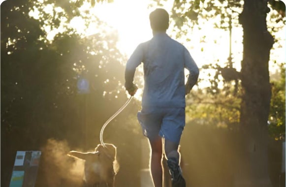 Man jogging with a dog on a leash in a sunlit park.