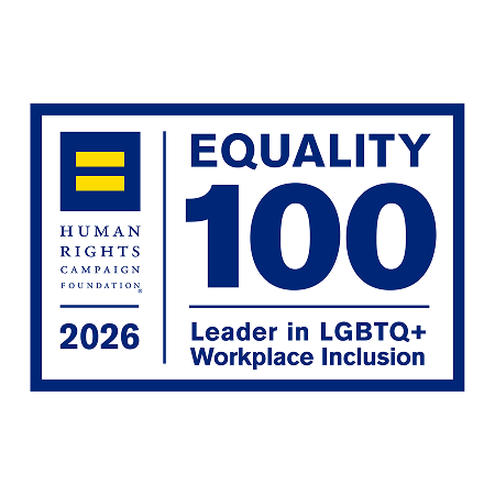 Human Rights Campaign Equality 100 logo, 2026 Leader in LGBTQ+ Workplace Inclusion.