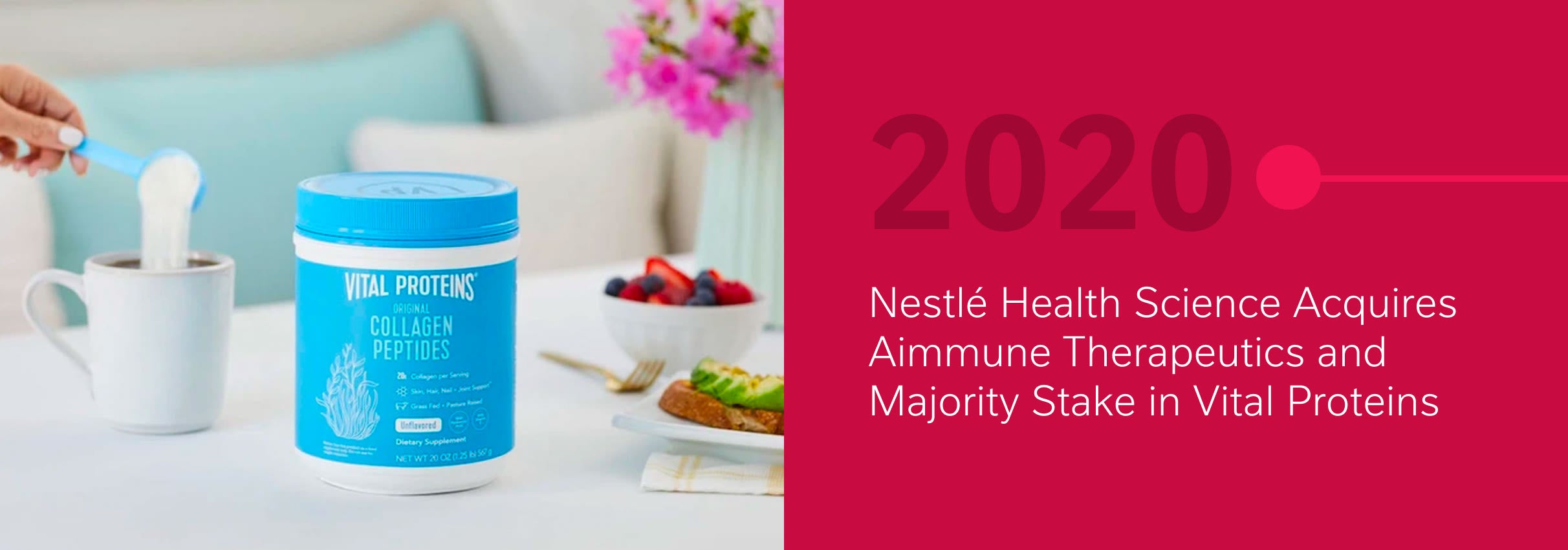 A hand scooping white powder from a blue Vital Proteins container next to coffee, with 2020 text.