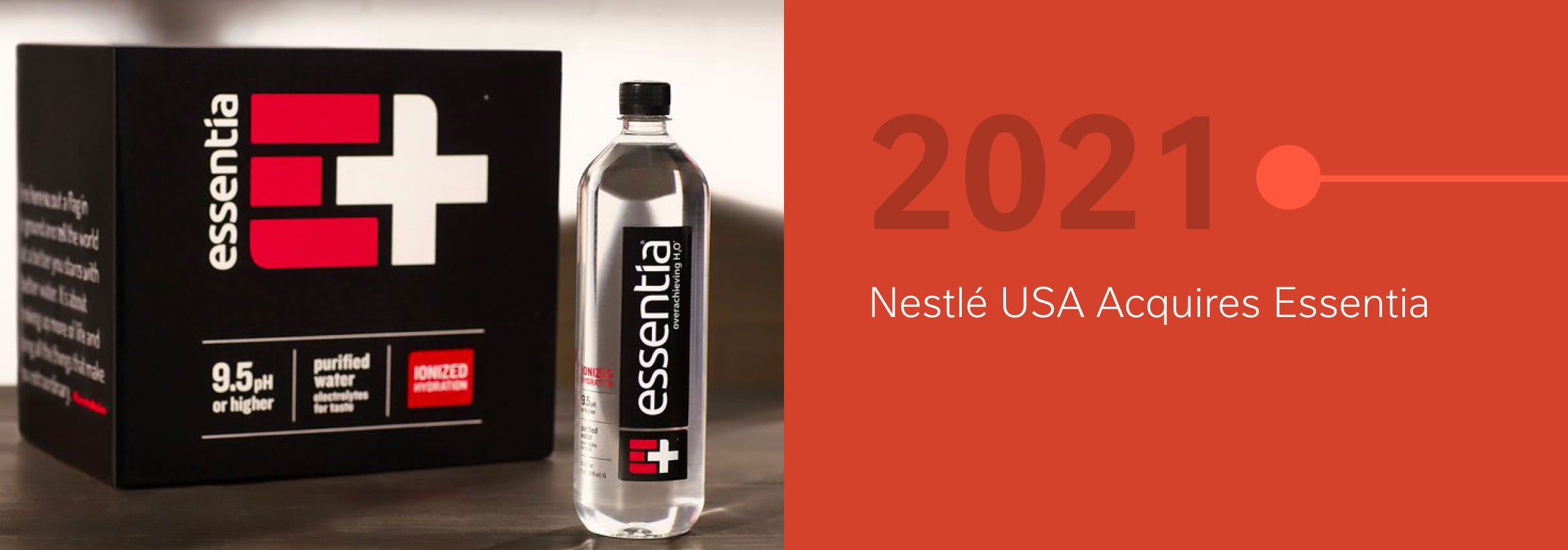 Essentia water bottle and box with bold white and red branding, text reads "2021 Nestlé USA Acquires Essentia"