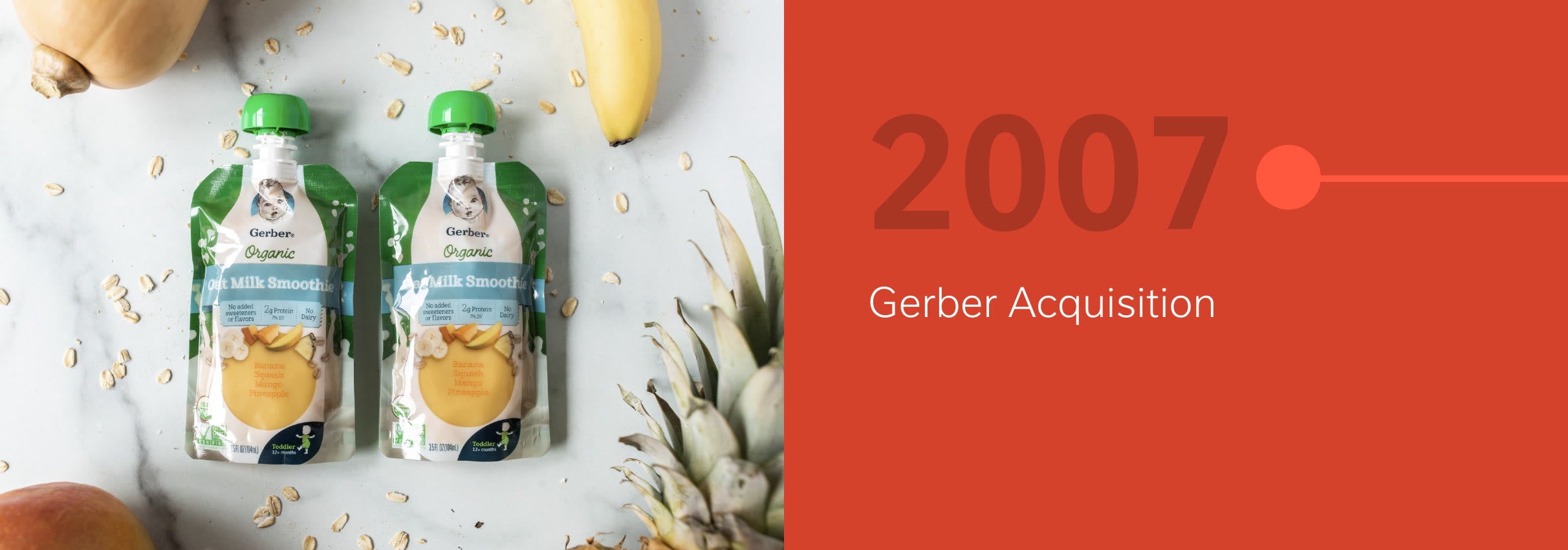 Two fruit puree pouches with green caps beside assorted fruits and "2007 Gerber Acquisition" text.