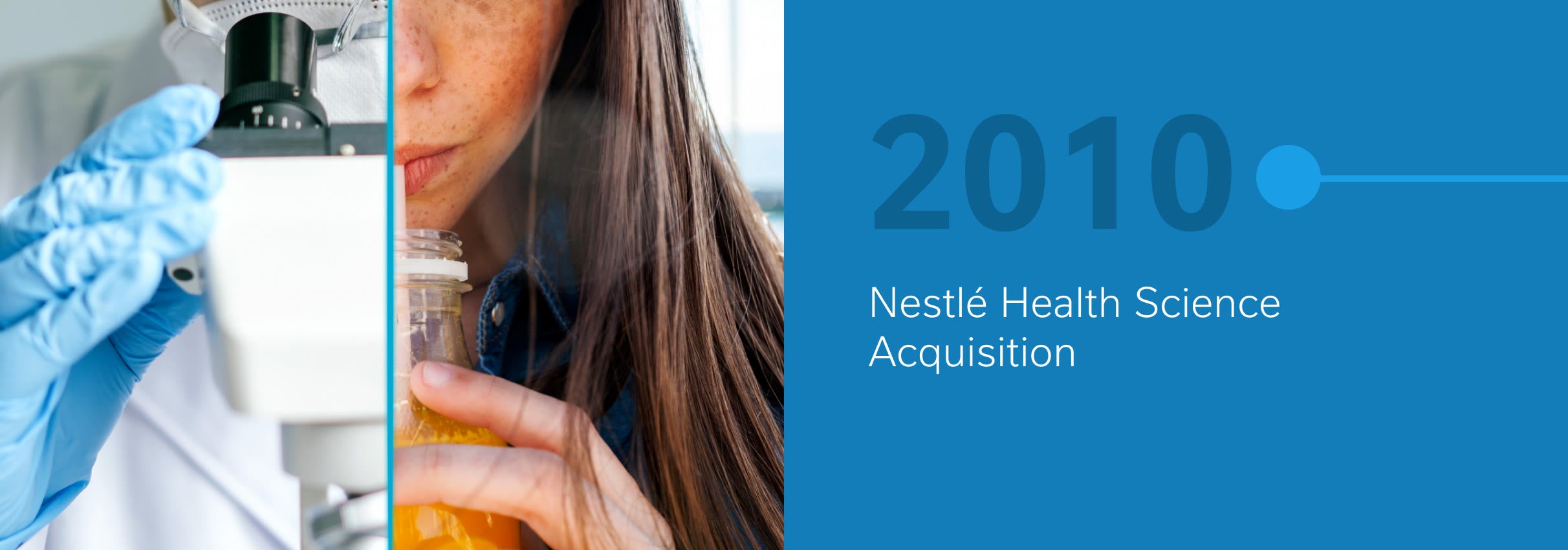 Scientist using a microscope and woman drinking, with 2010 Nestlé Health Science Acquisition text.