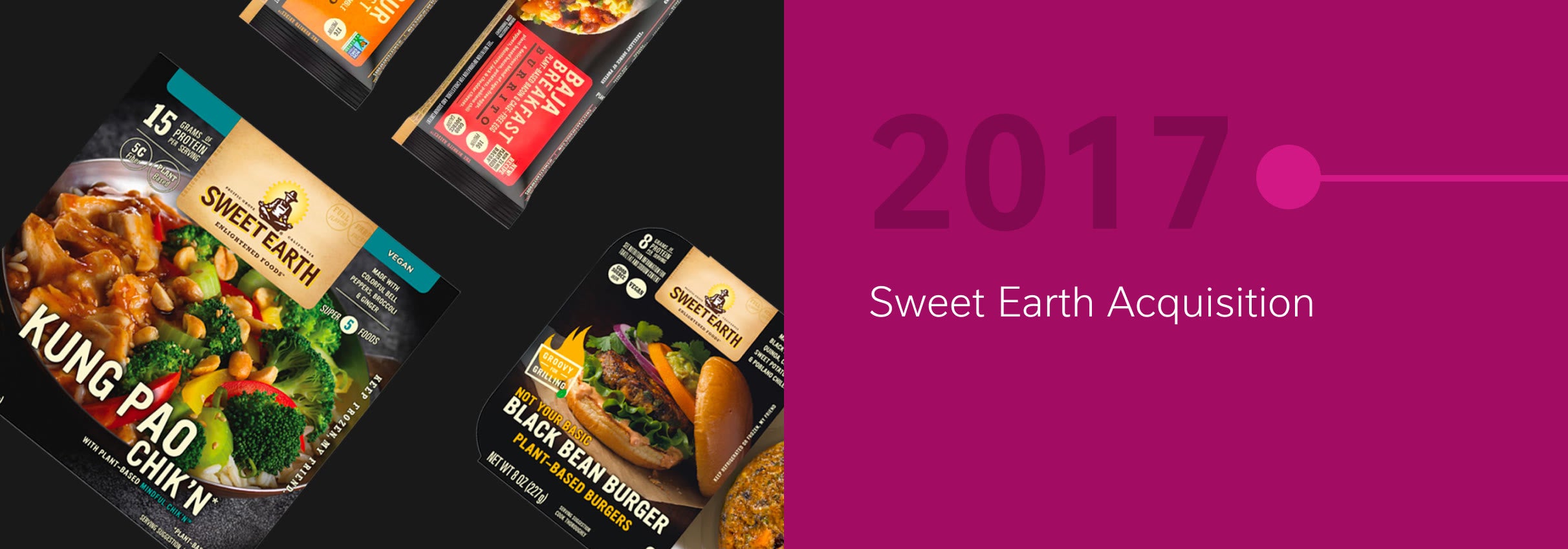 Packages of Sweet Earth frozen meals beside text "2017 Sweet Earth Acquisition" on magenta background.