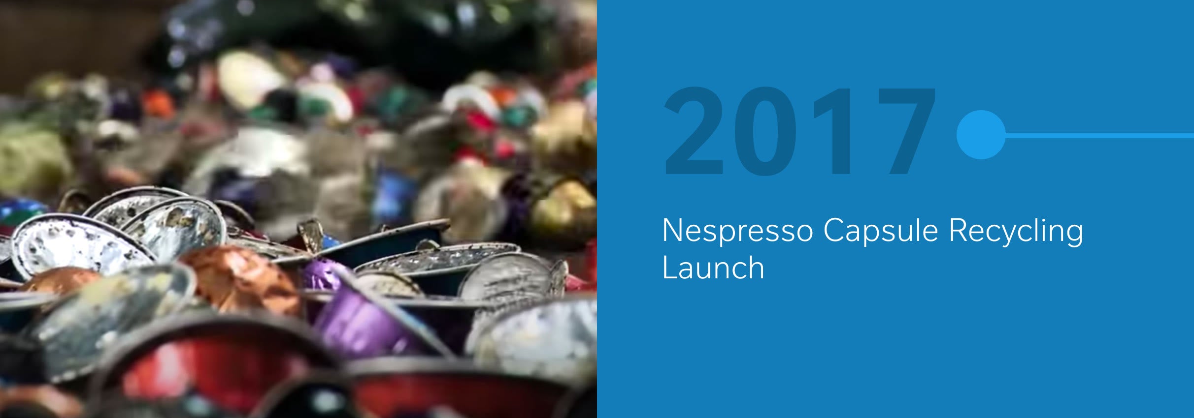 Pile of used coffee capsules next to blue panel with text "2017 Nespresso Capsule Recycling Launch".