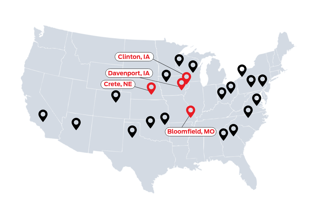 Map of US showing Purina manufacturing facilities