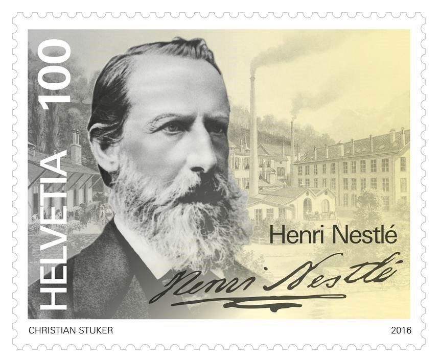 Stamp that reads Helvetia 100 - Henri Nestle with image of Henri Nestle on Stamp