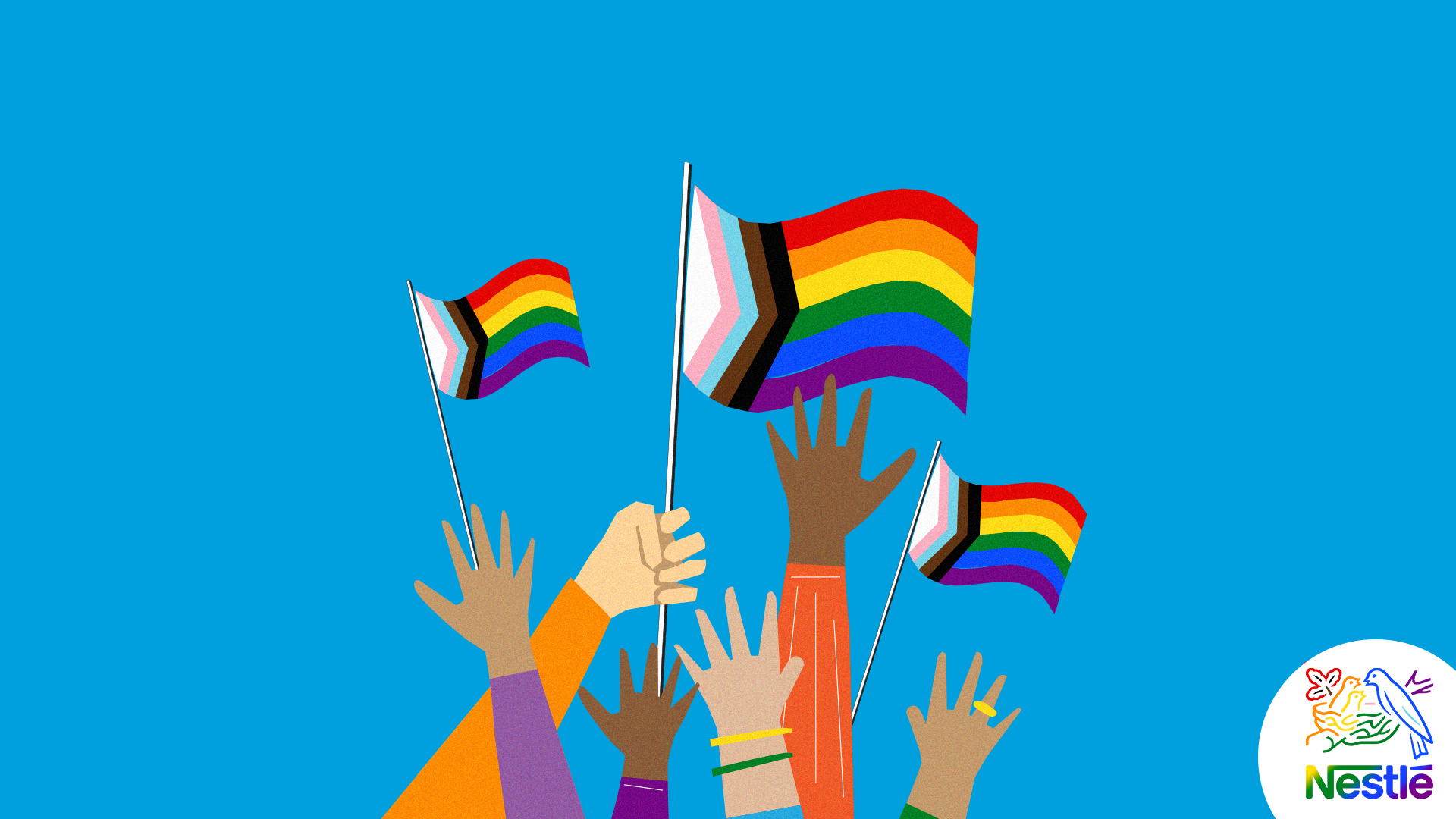 Illustration of hands holding up a Pride flag