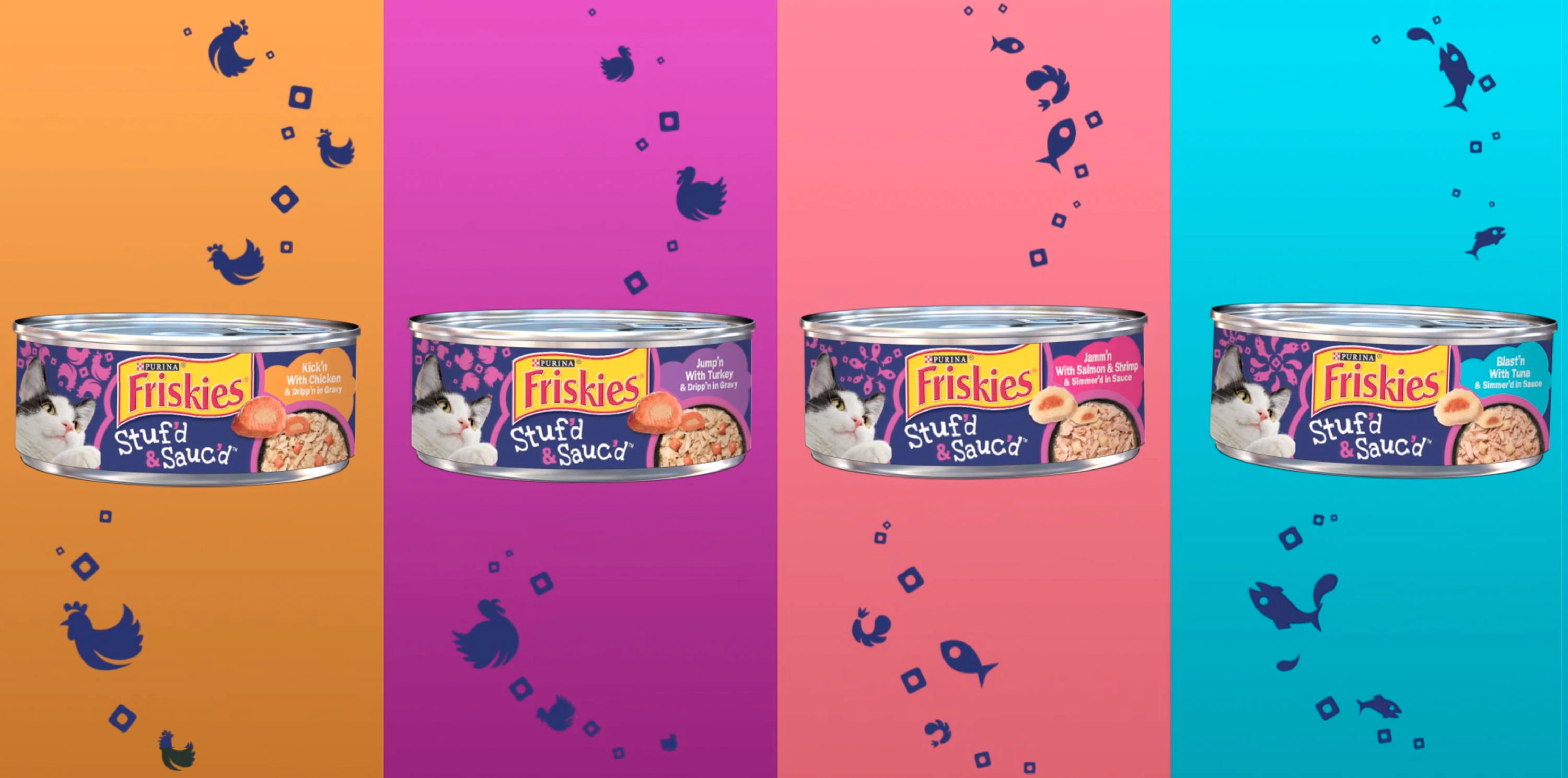 Purina Friskies Stuf'd & Sauc'd packaging in multiple flavors