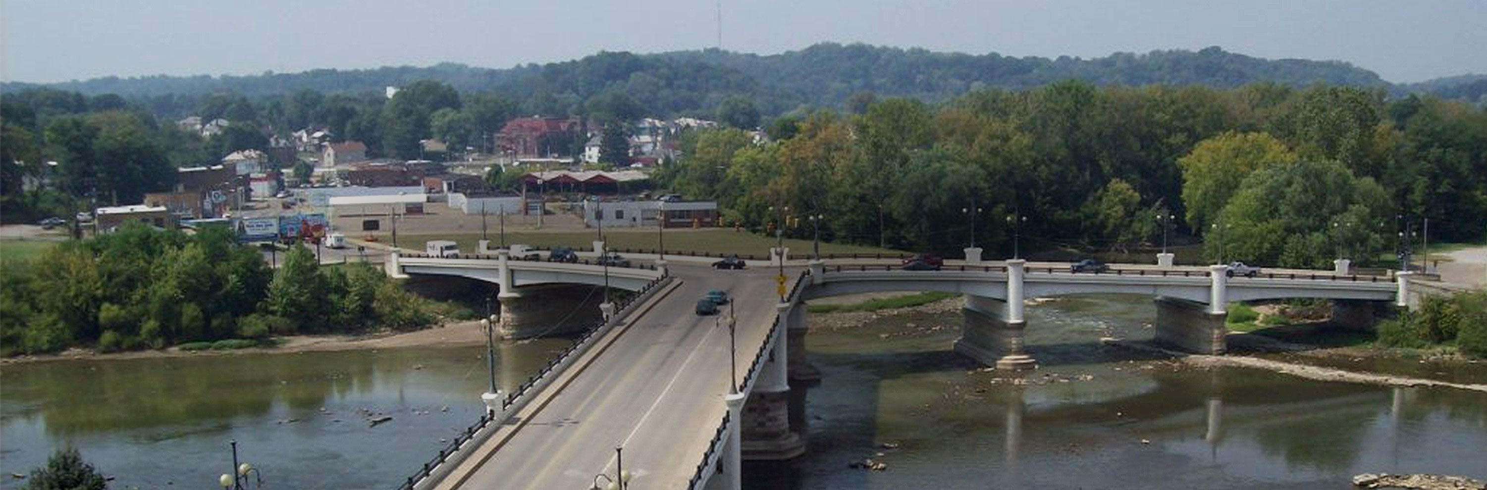 Aerial view of a bridge in Zanesville