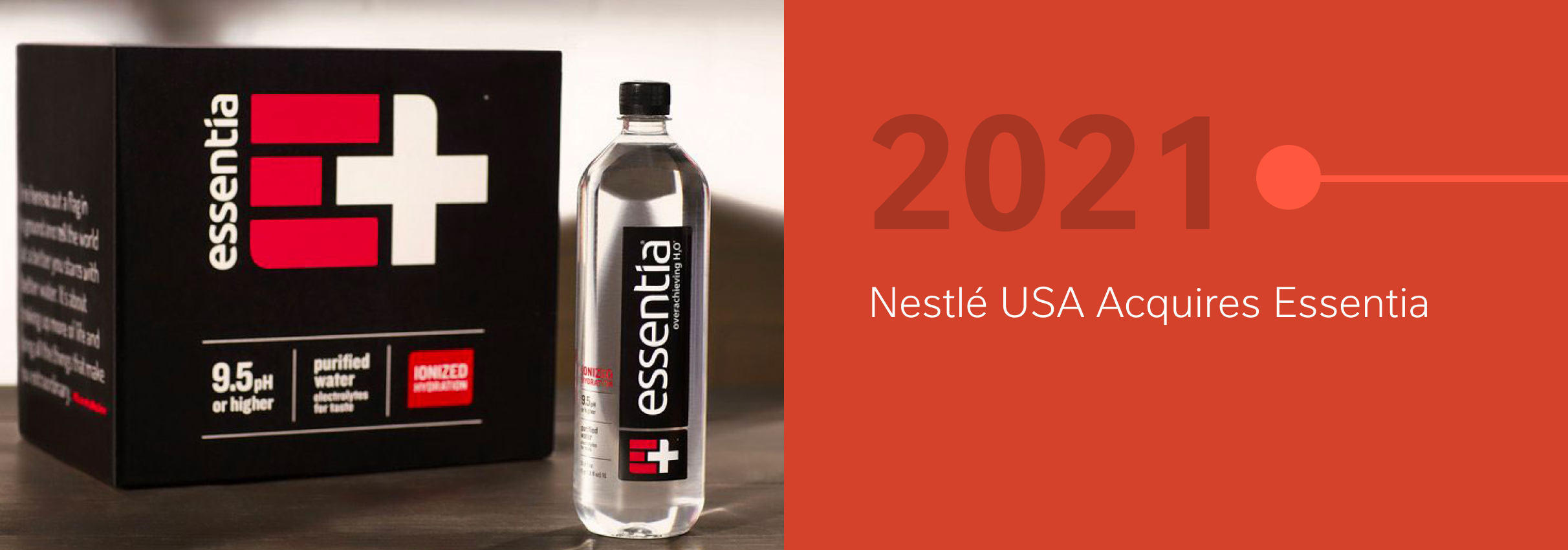 Essentia water bottle sits in front of essentia box. 9.5Ph Purified water. Text to right of image reads 2021 Nestle USA Aquir