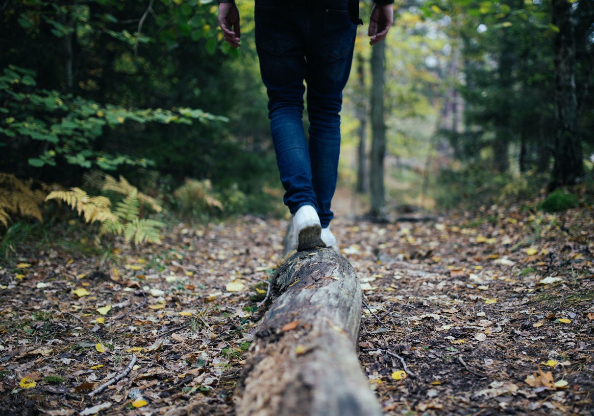 walking on a log on a trail