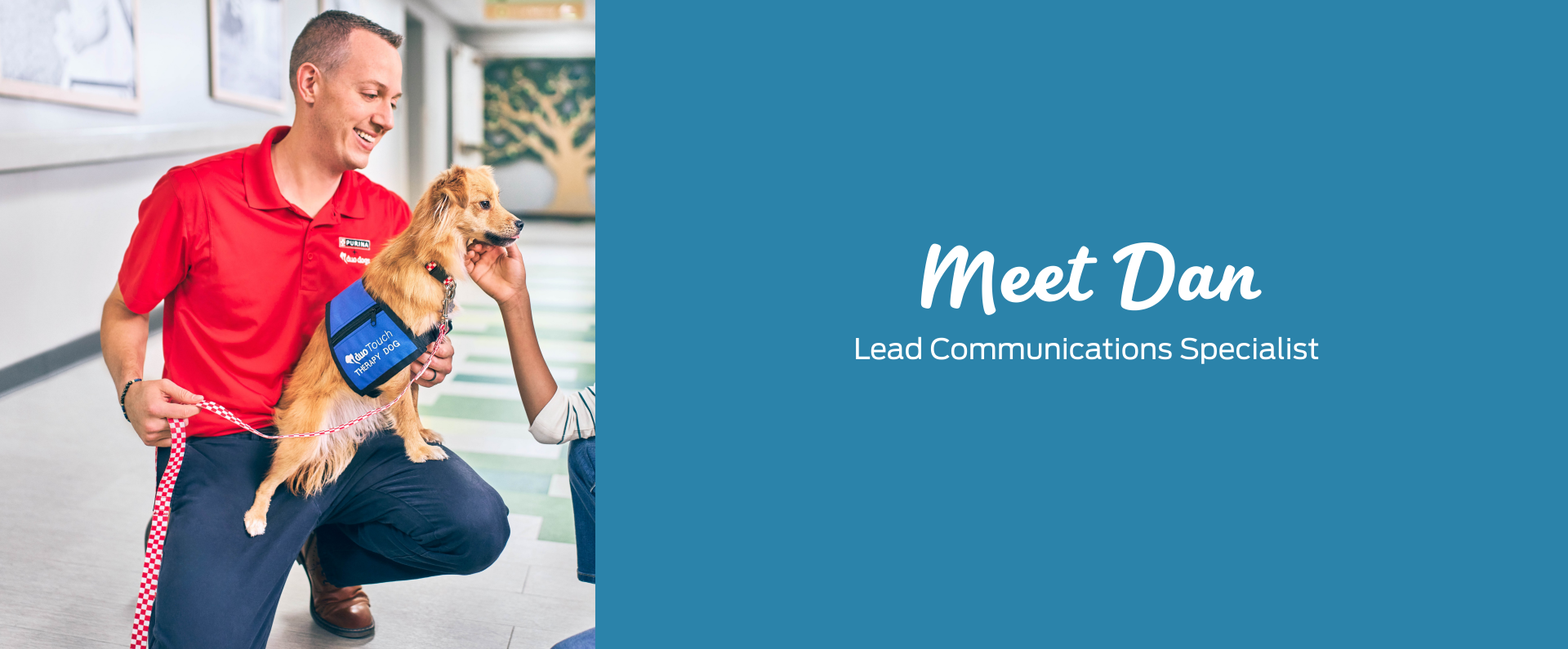 Man smiling with touch therapy dog - Meet Dan, Lead Communications Specialist