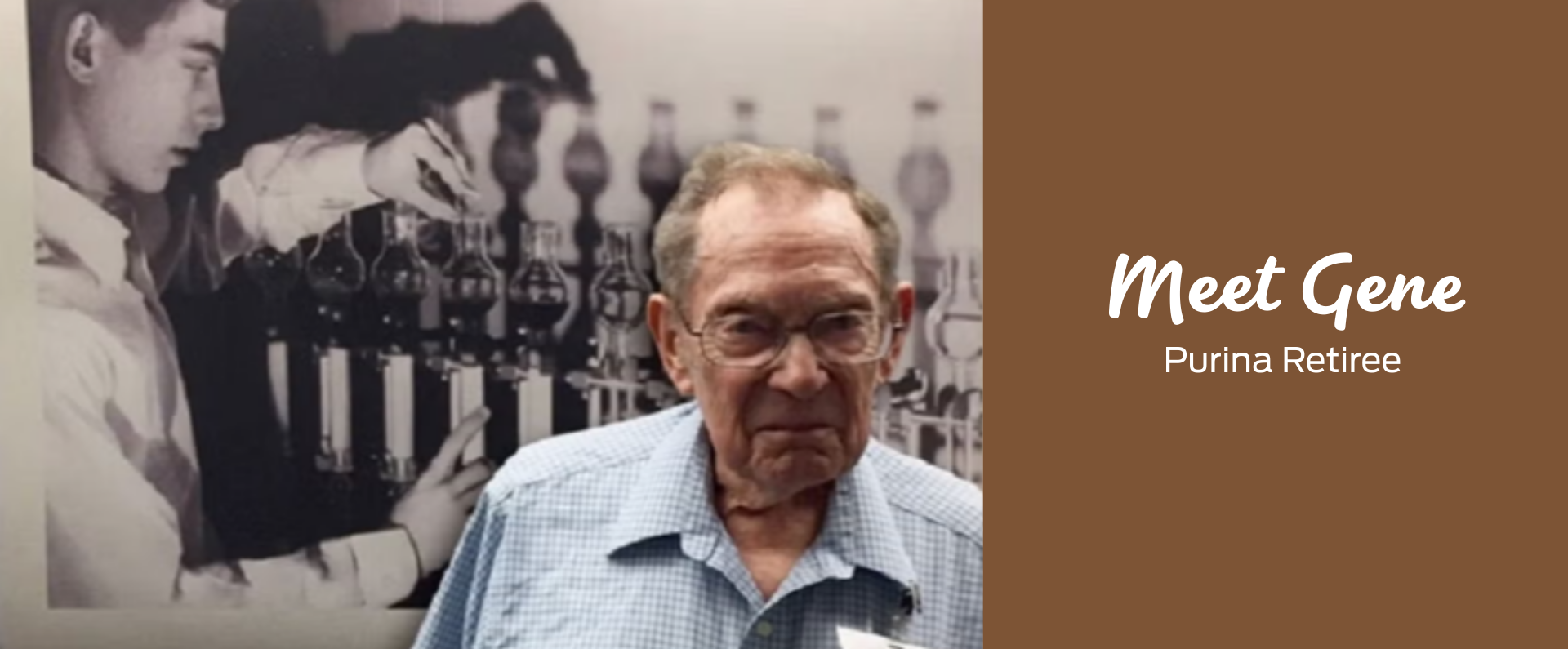 Man smiling infront of black and white lab photo - meet Gene, Nestlé Purina retiree