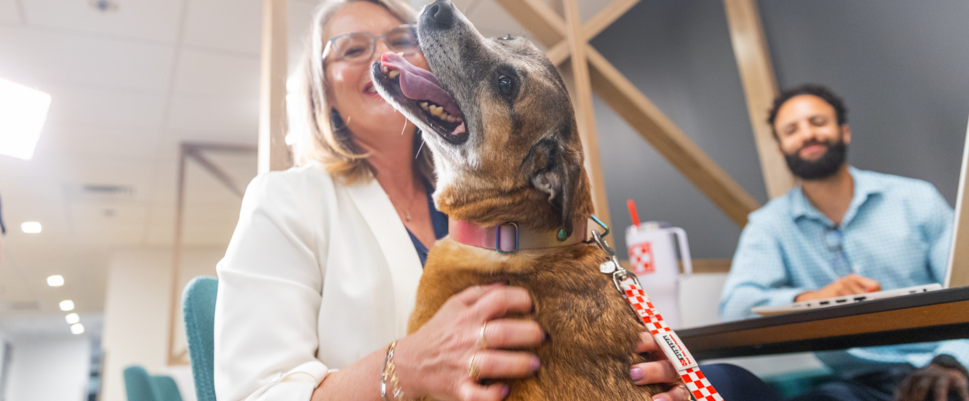 Nestlé Purina employees with a dog in a dog-friendly office