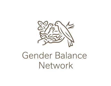 Outline of a bird feeding chicks in a nest above the text "Gender Balance Network".