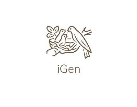 Line drawing of a bird feeding two chicks in a nest, with "iGen" text below.