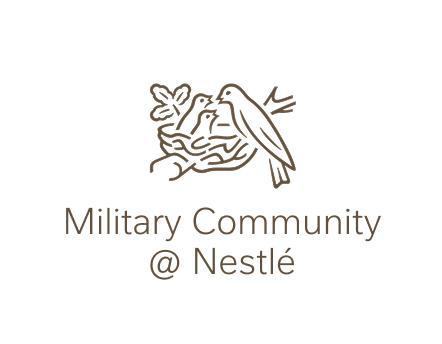 Nestlé logo with a bird feeding two chicks, text reads "Military Community @ Nestlé"