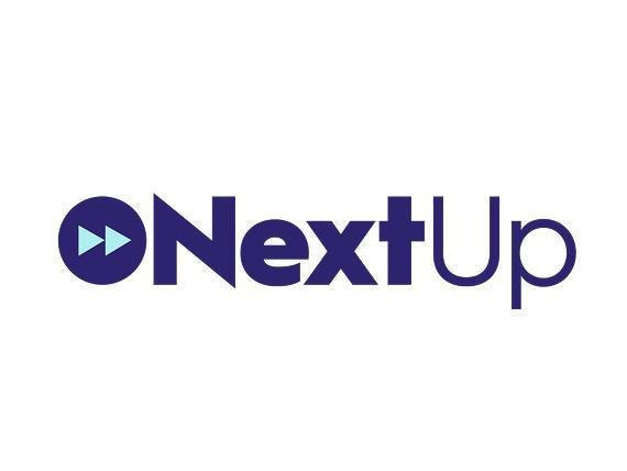 NextUp logo with blue forward arrows inside the letter "O"
