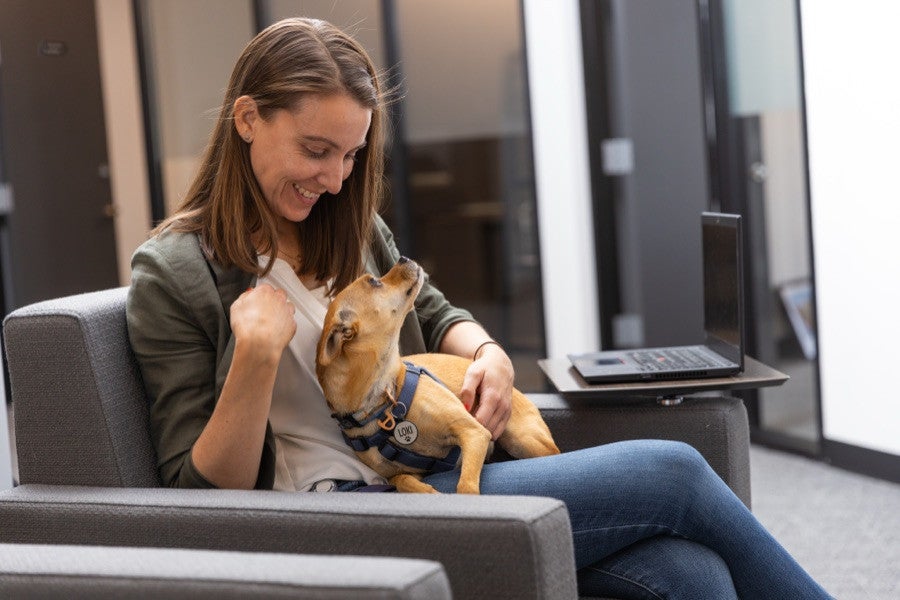 Associate cuddling a dog on an office couch