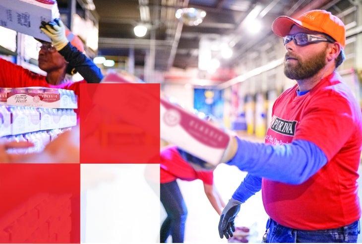 Man in Purina factory wearing protective gear loads Fancy Feast on shelf