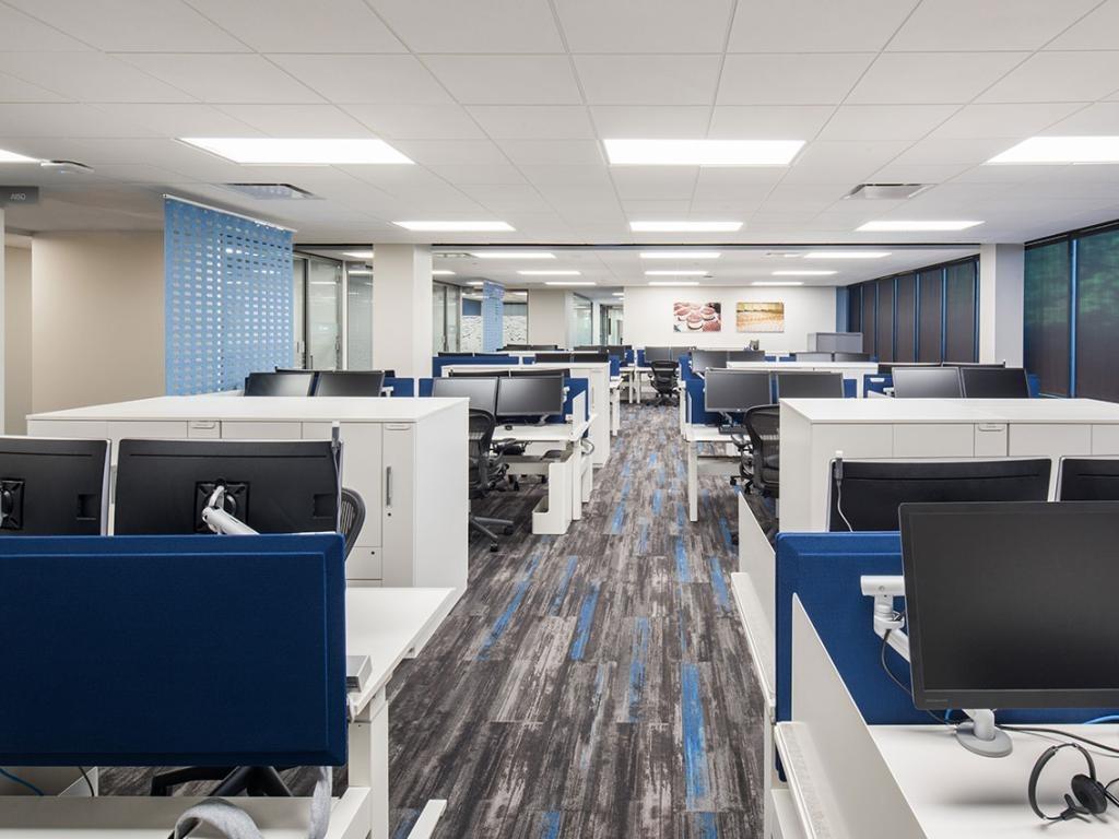Open-plan office with white desks, blue dividers, and dual-monitor workstations