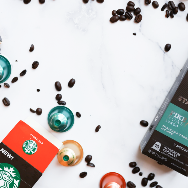 Starbucks packaging, coffee pods, and coffee beans