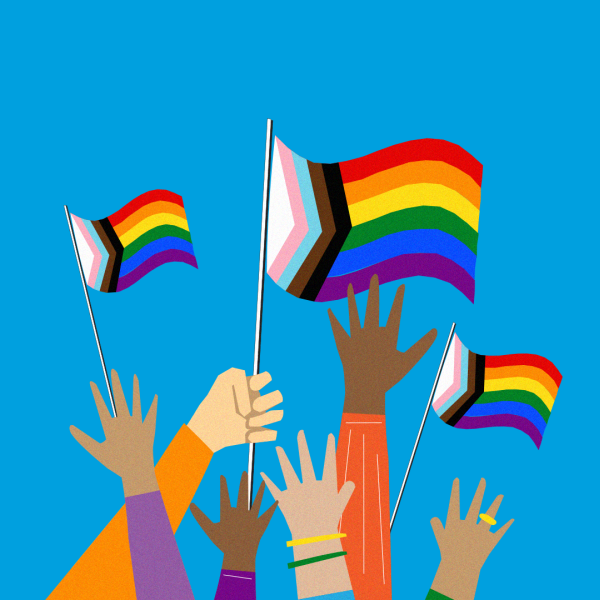 Illustration of hands holding up a Pride flag