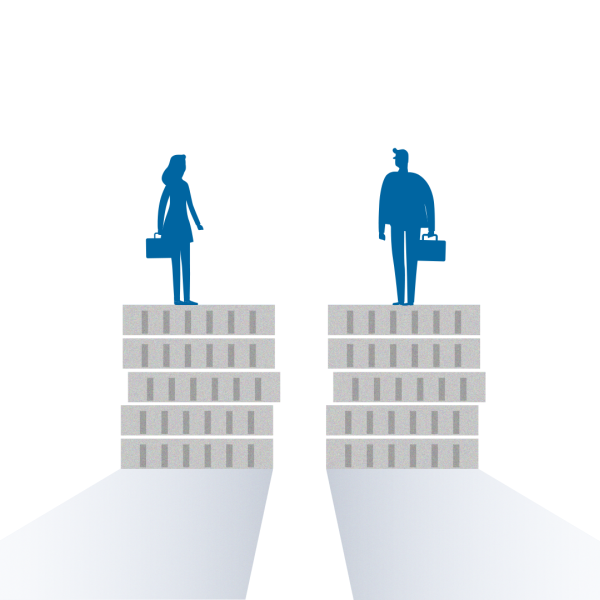 Illustration of a man and a woman standing on blocks