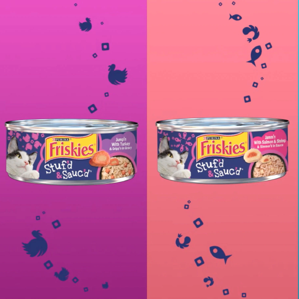 Purina Friskies Stuf'd & Sauc'd packaging in multiple flavors