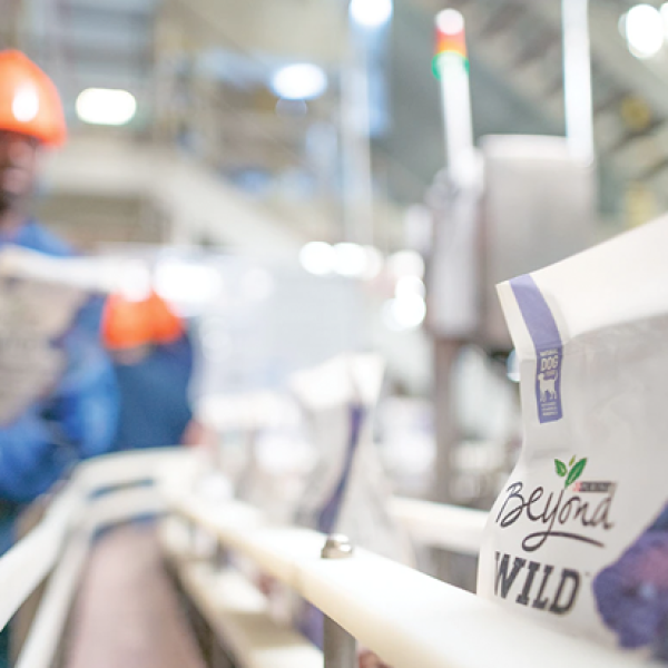 Close up of a bag of Beyond on the manufacturing assembly line