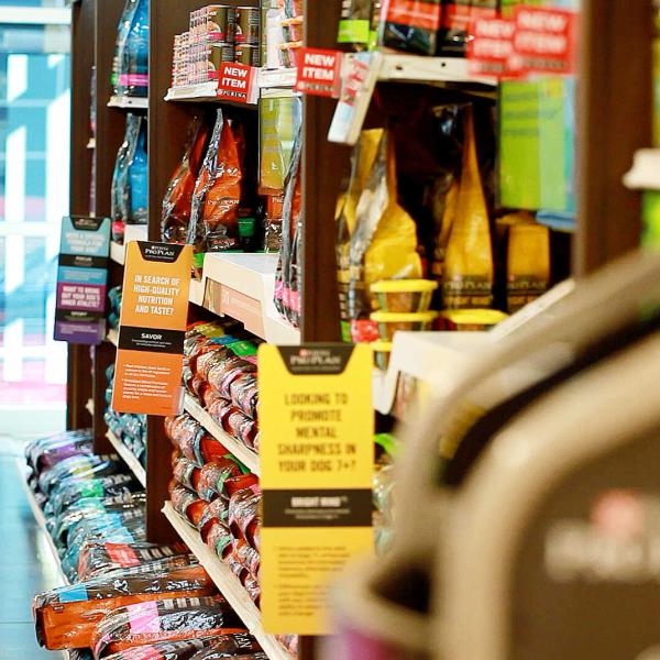 Store shelves with animal feed