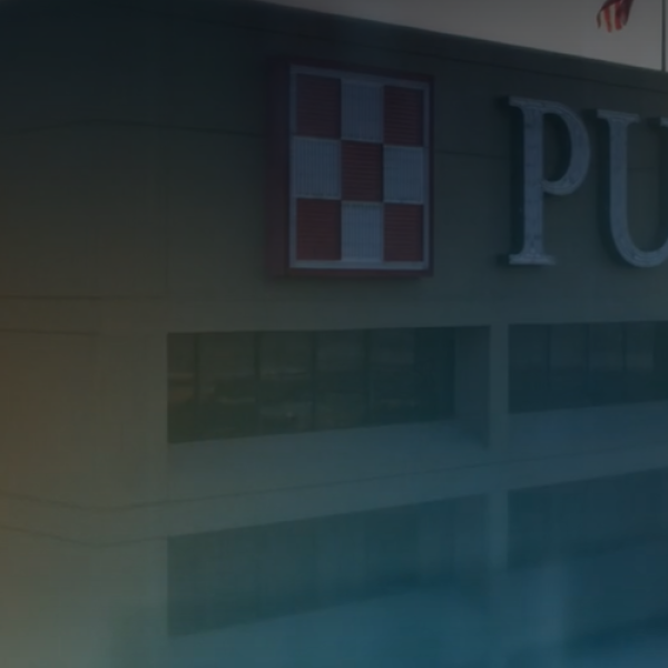 Purina HQ building sign drone photo