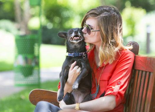 Purina employee sitting on a bench with her dog