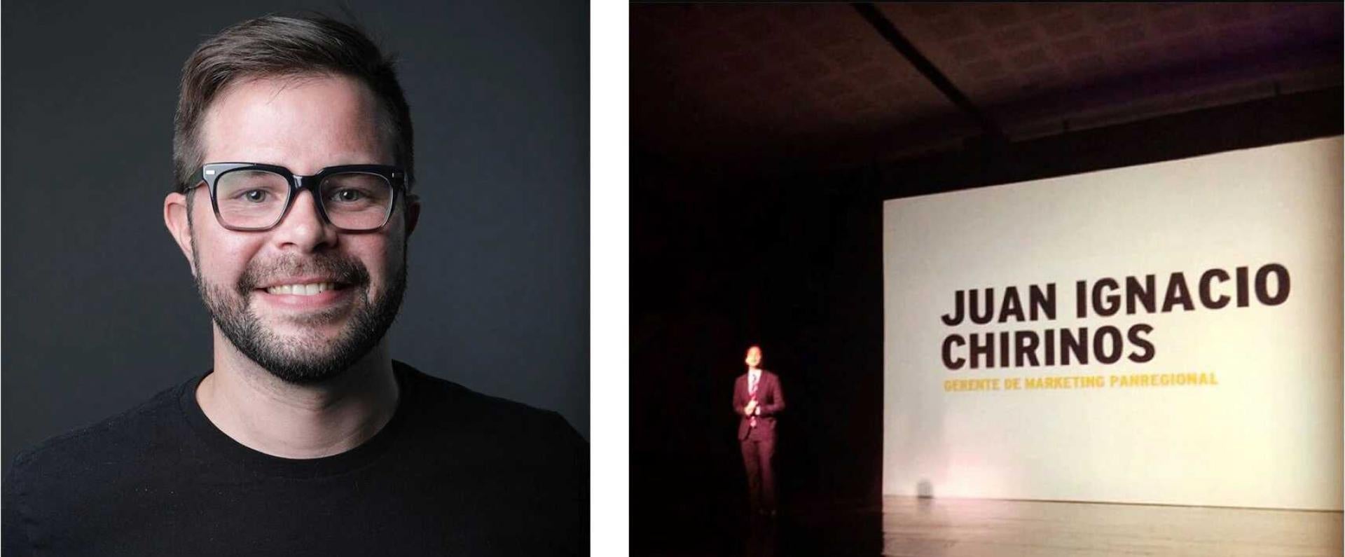 Juan's portrait on the left image side and his speaking on a stage on the right side