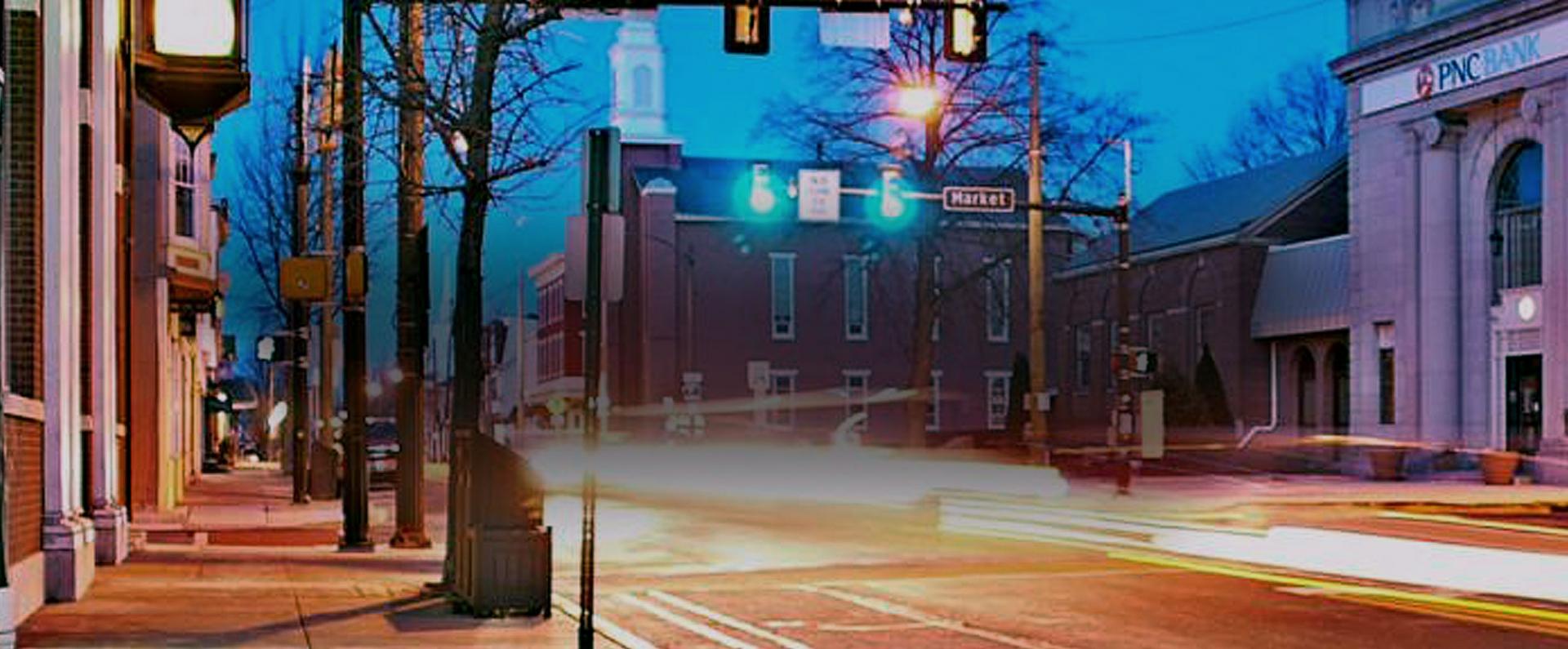 Downtown at night in Mechanicsburg, PA